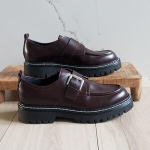 Marc Fisher LTD Tarla Dark Red Leather Platform Buckle Loafers Academia Shoes